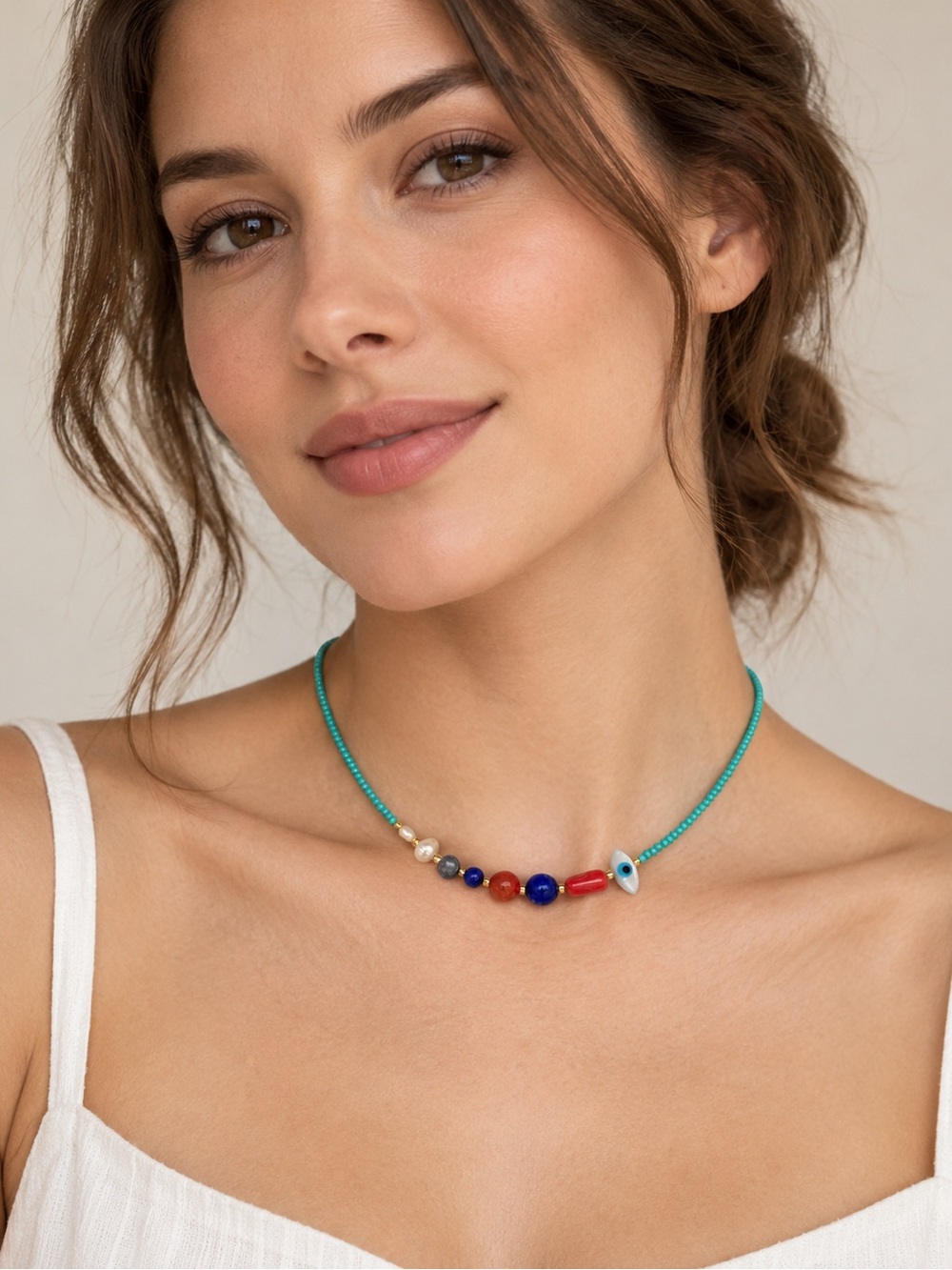 Handmade Turquoise Evil Eye Mixed Bead Necklace